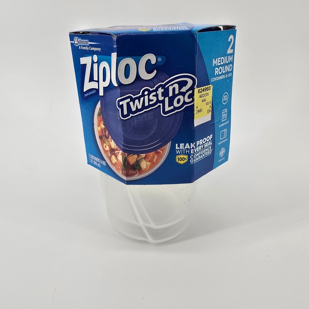 Ziploc Twist n Loc Containers 2 Pack Medium Round Clear Blue Leak Proof 1 Qt